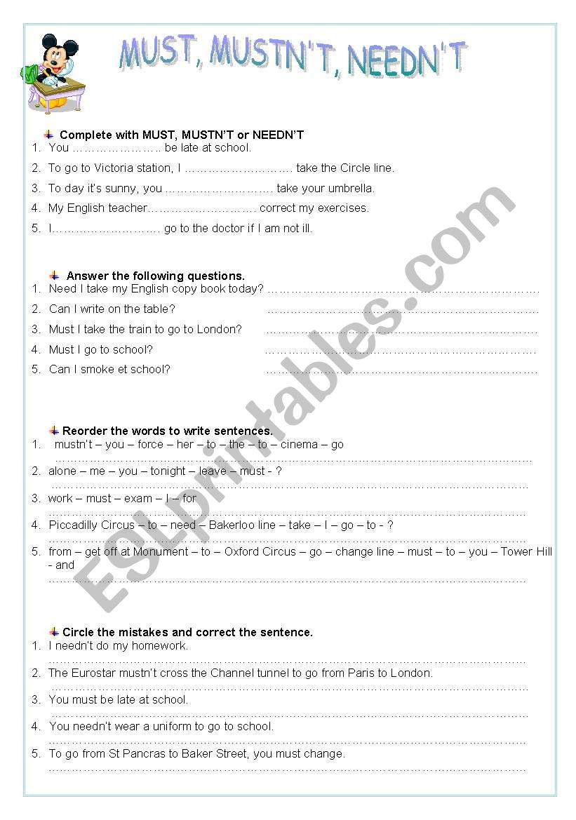 MUST MUSTNÂ´T NEEDNÂ´T  worksheet
