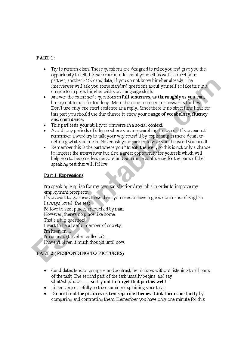 FCE Speaking Tips worksheet