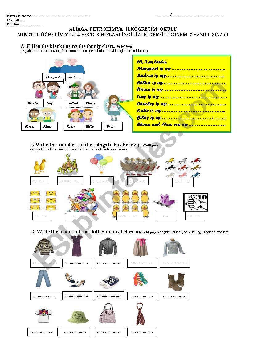 2009/2010, 1st term,2nd exam or worksheet for 4th grade (part one)