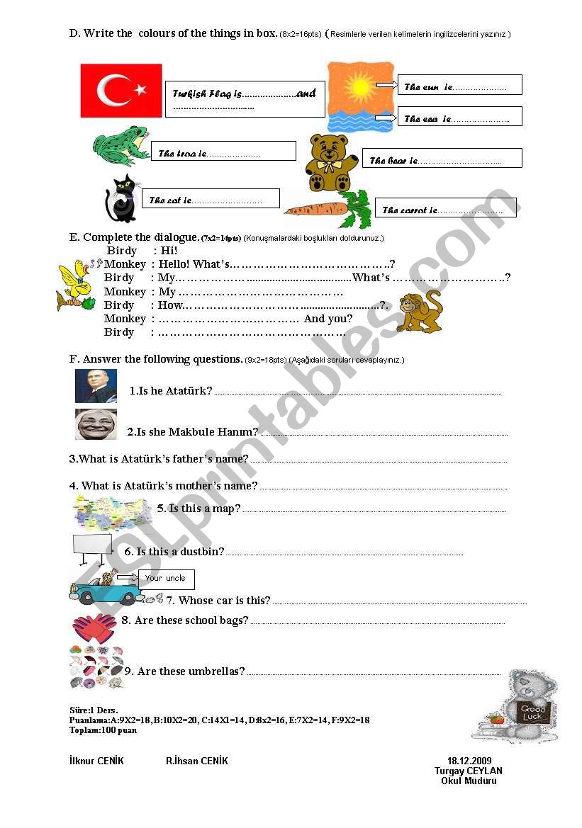 2009/2010, 1st term,2nd exam or worksheet for 4th grade (part two)