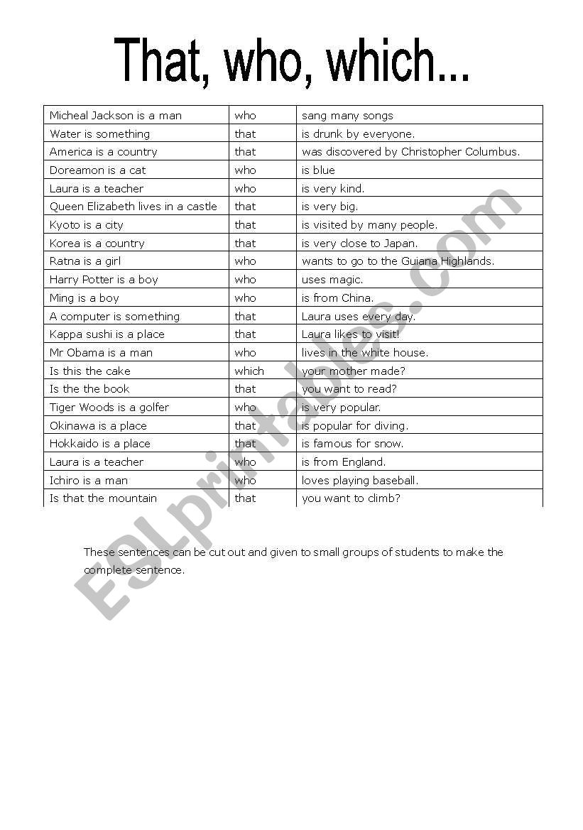 That, who which, Card game. worksheet