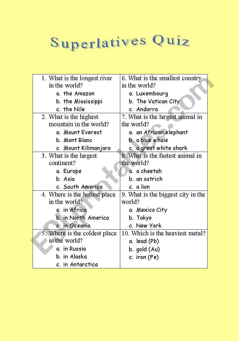 SUPERLATIVES QUIZ worksheet