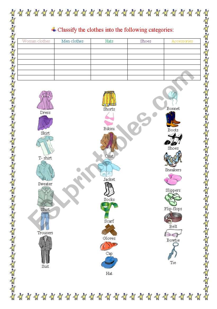 Organise clothes worksheet