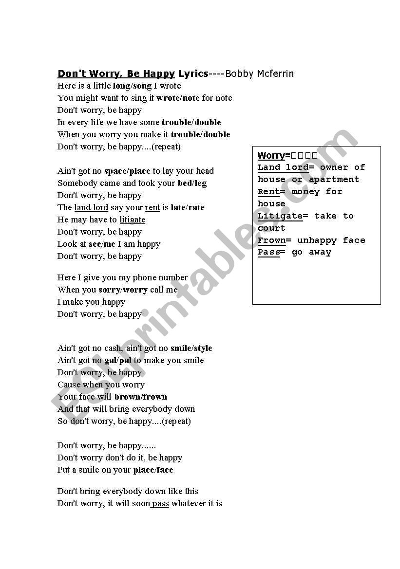 Don´t Worry, Be Happy Lyrics ESL worksheet by millies