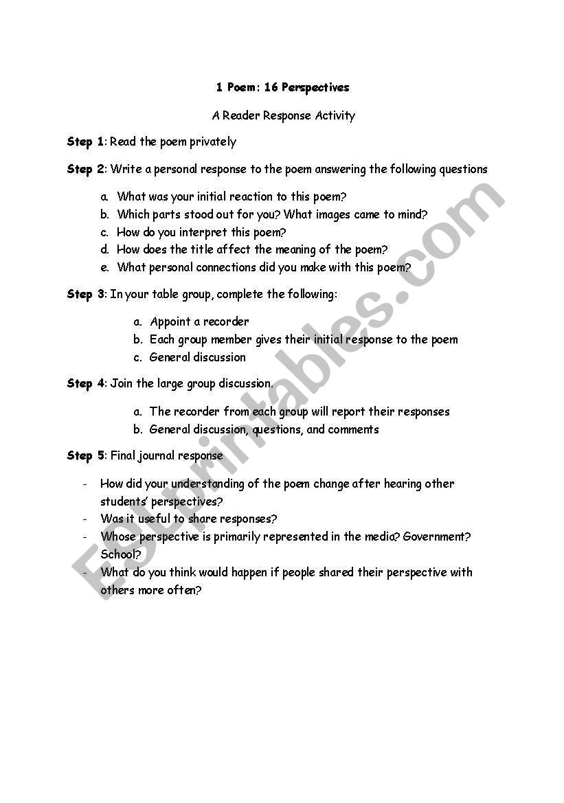 1 poem: 16 responses worksheet
