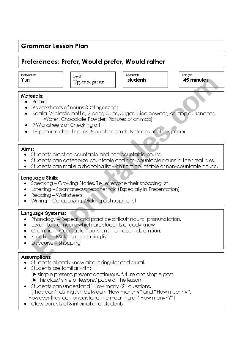 preference lesson plan worksheet
