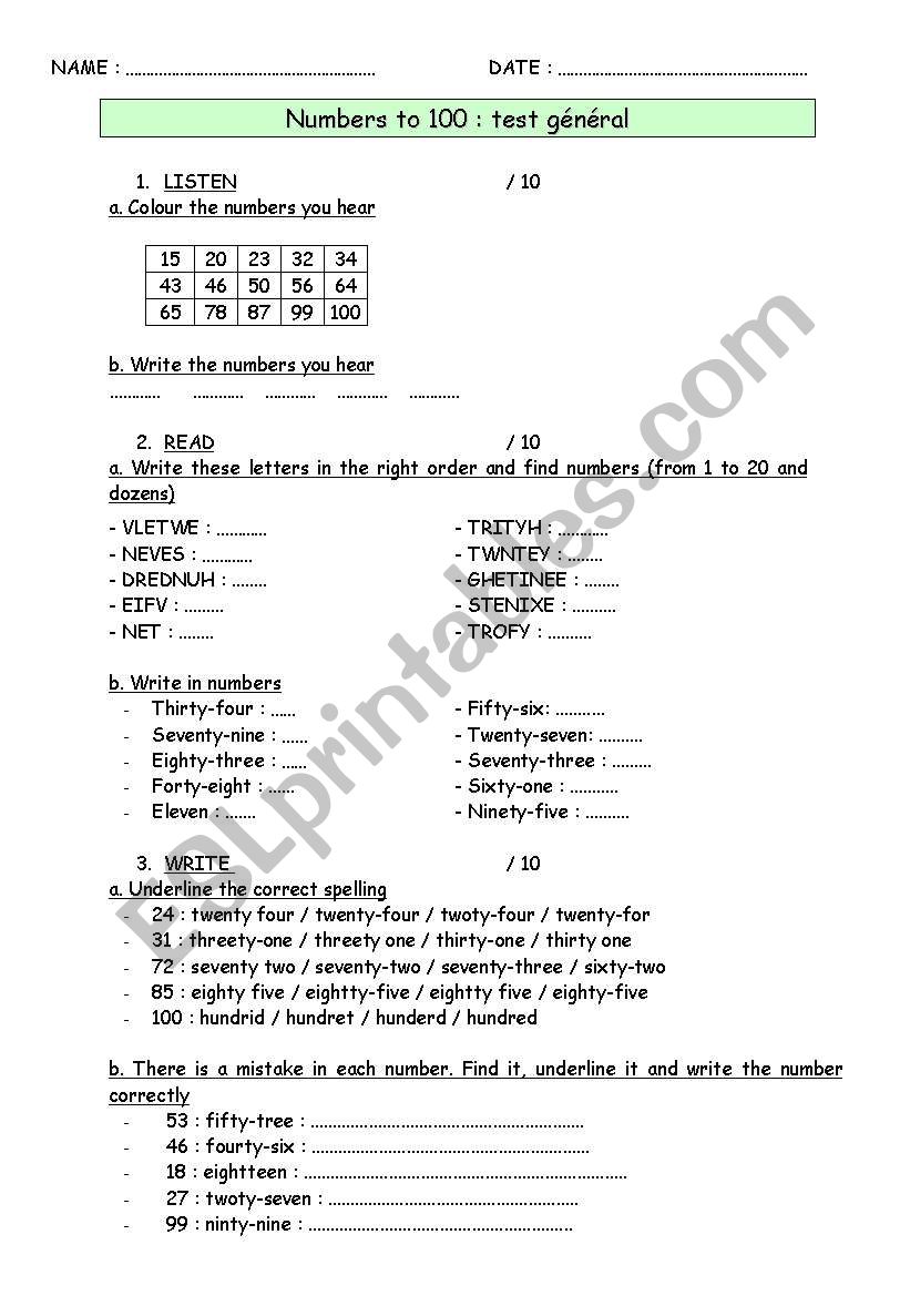 Numbers to 100 : test worksheet