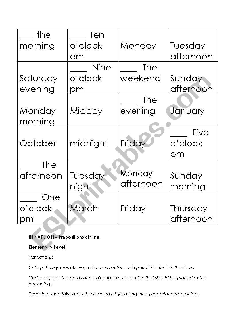 Prepositions of Time worksheet