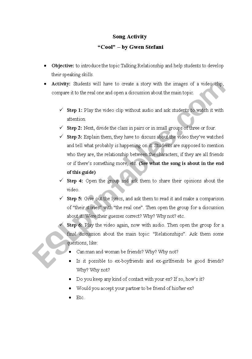 Song Activity worksheet