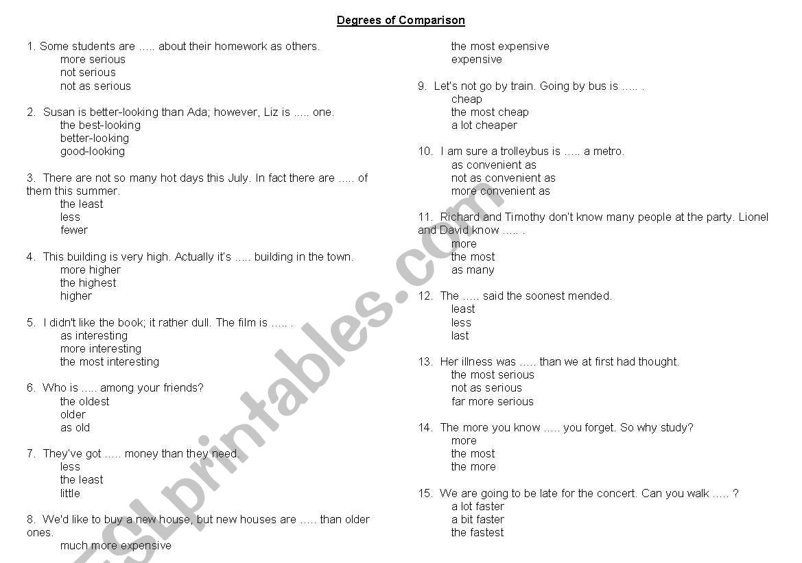 Noun: Degrees of Comparison worksheet