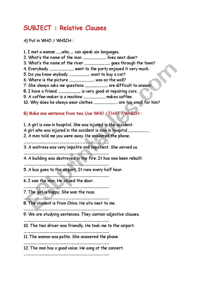 Relative Clause Exercises worksheet