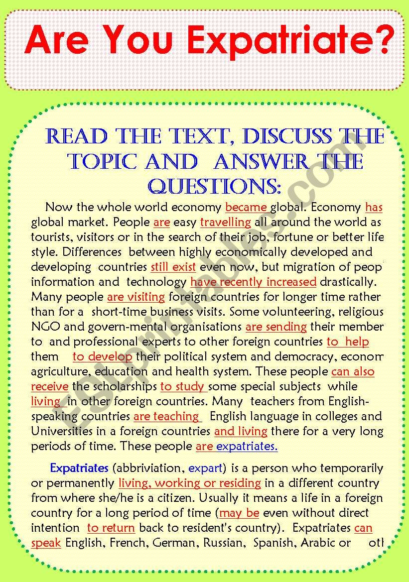 Are You Expatriate? Are you living in a foreign country? Why? Story + Questions.