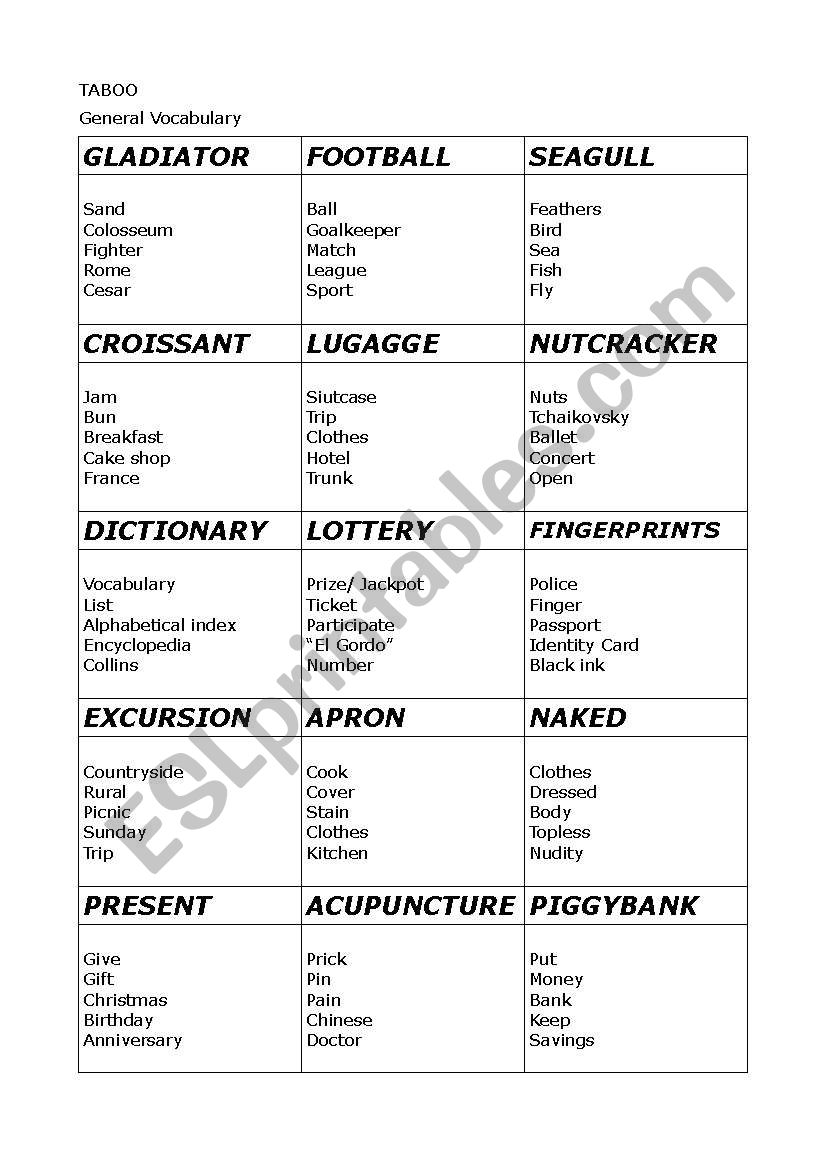 taboo worksheet