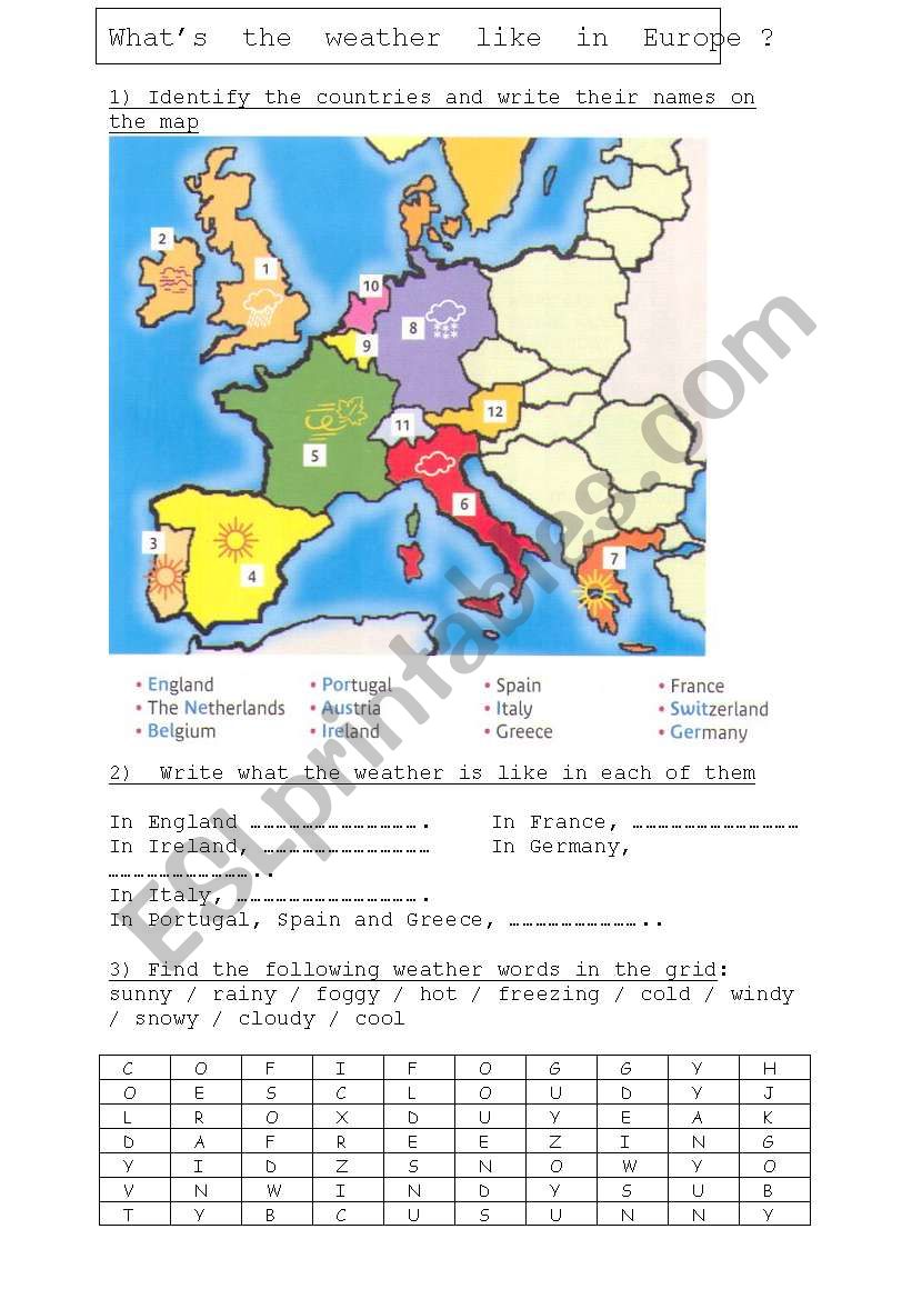 The weather in Europe worksheet