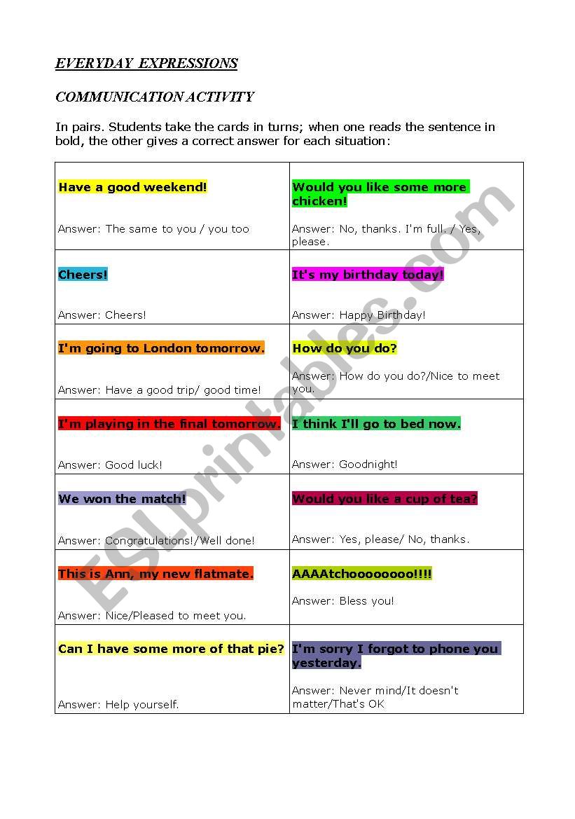everyday expressions game worksheet