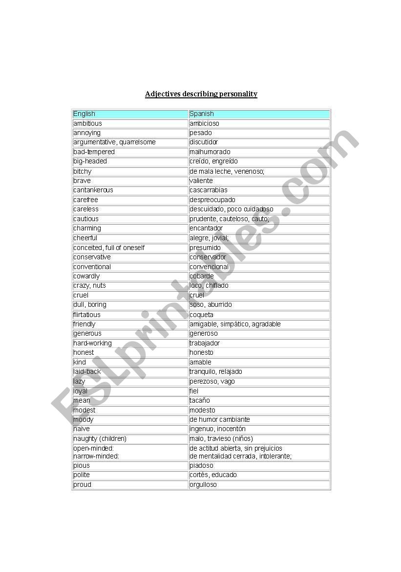 Adjectives describing personality