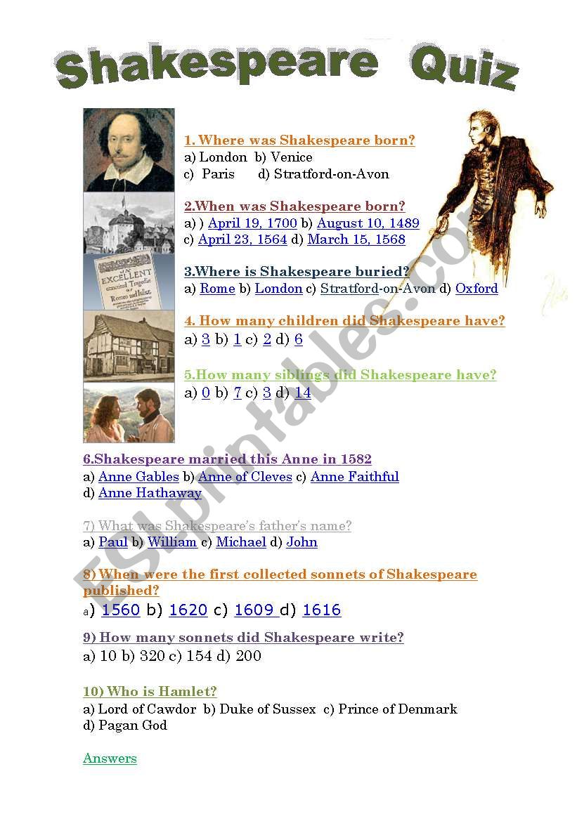 Shakespeare quiz worksheet