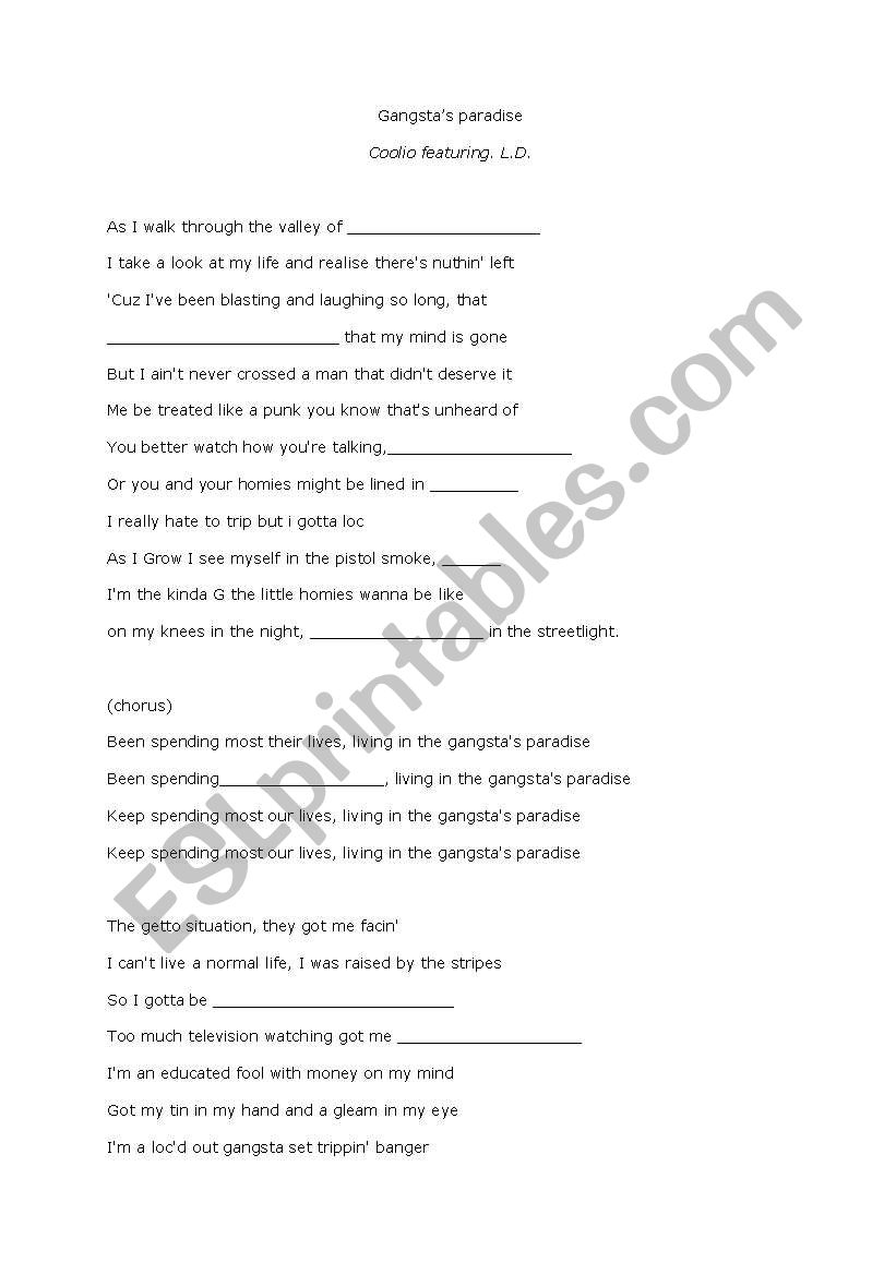 Gangsta paradise worksheet