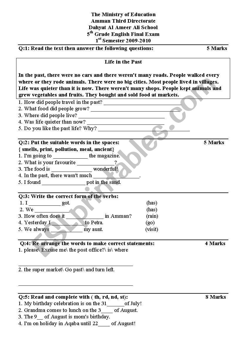 an exam for the 5th grade worksheet