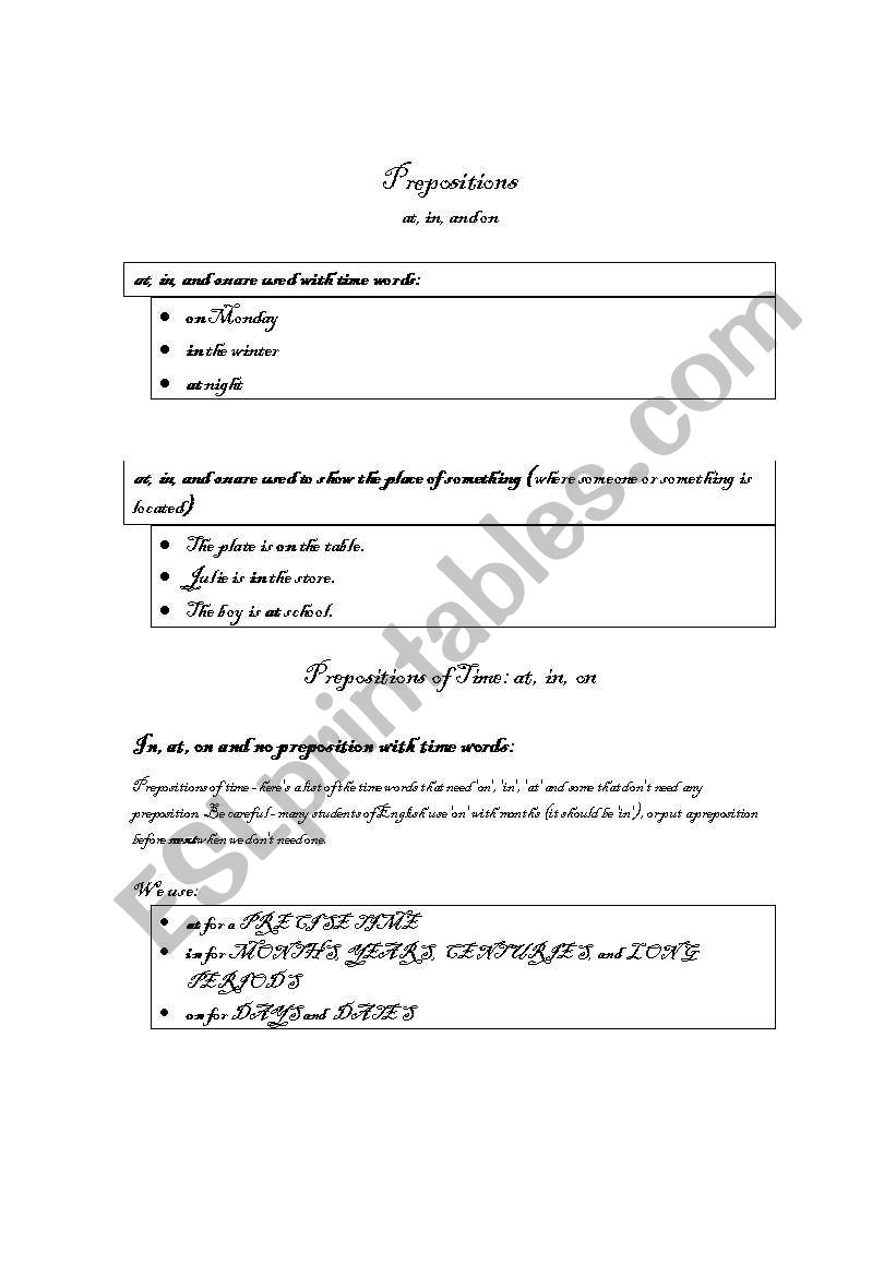 at, in, on prepositions worksheet