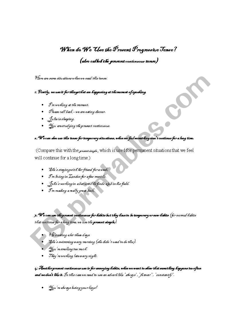 Present Continuous Rules worksheet