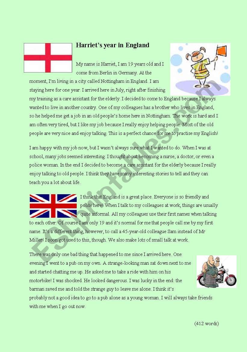 HarrietÂ´s year in England - text with exercises