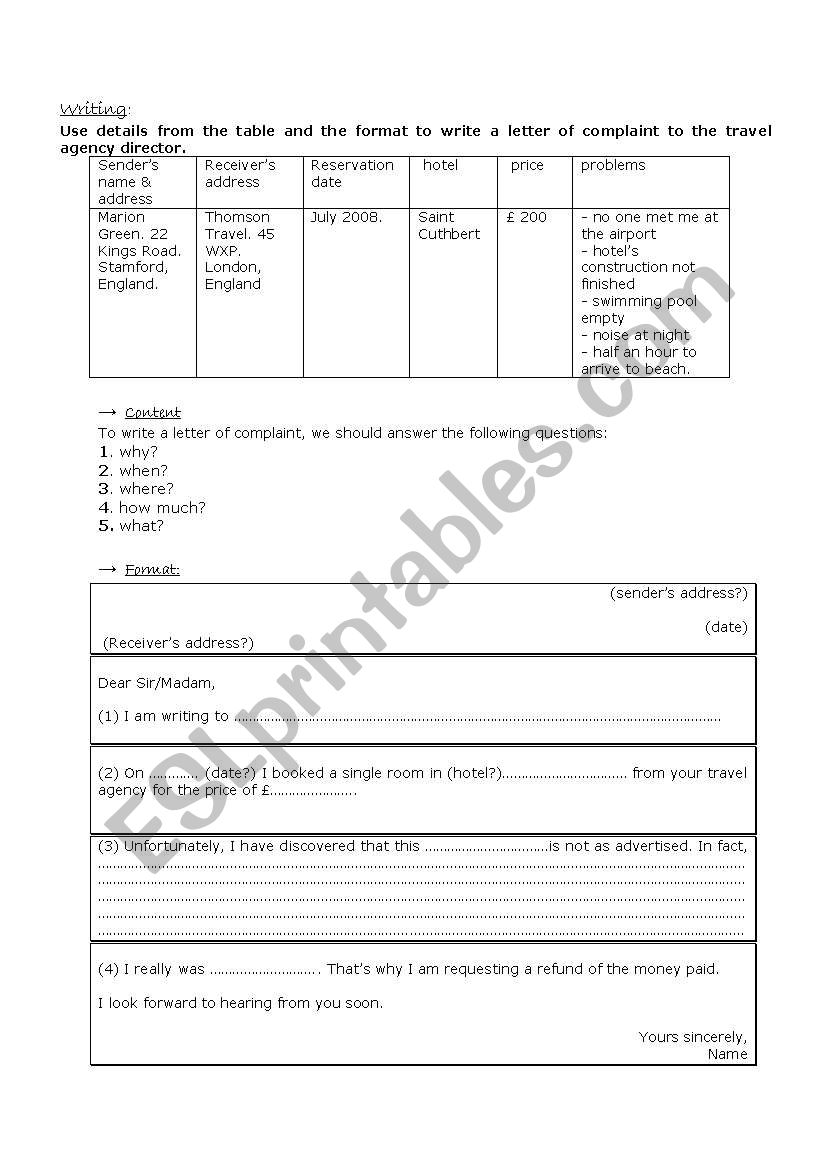 letter of complaint worksheet