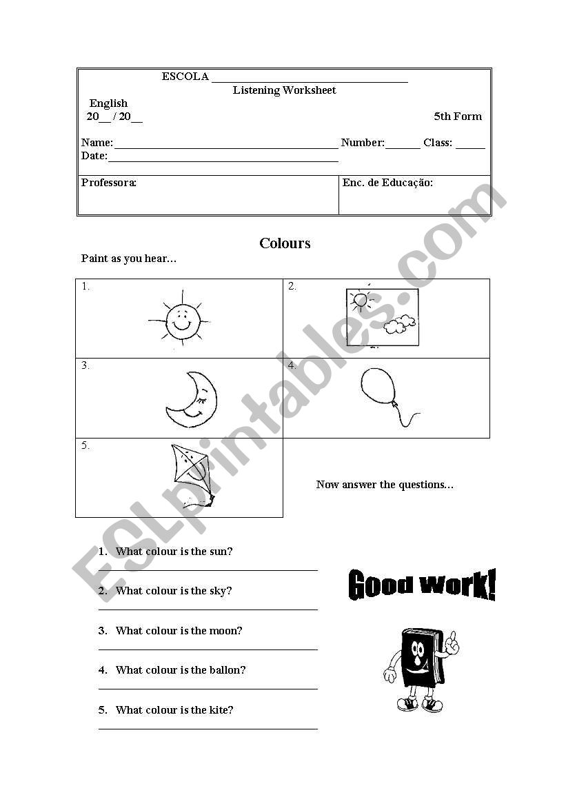 Listening Worksheet - Colours worksheet