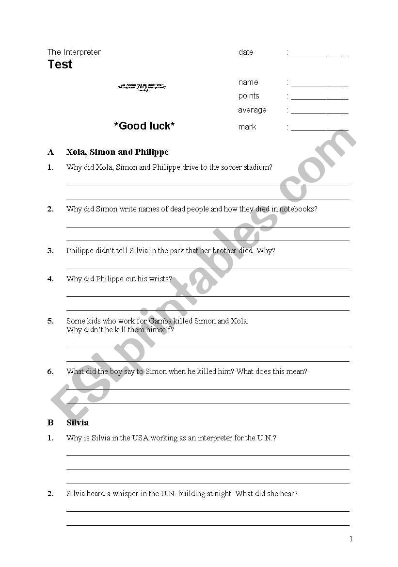 The Interpreter- TEST worksheet