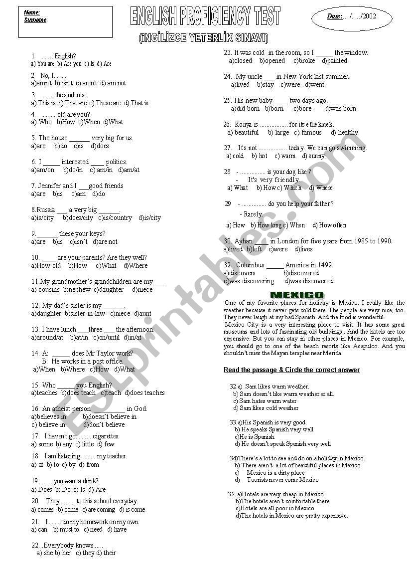 proficiency test worksheet