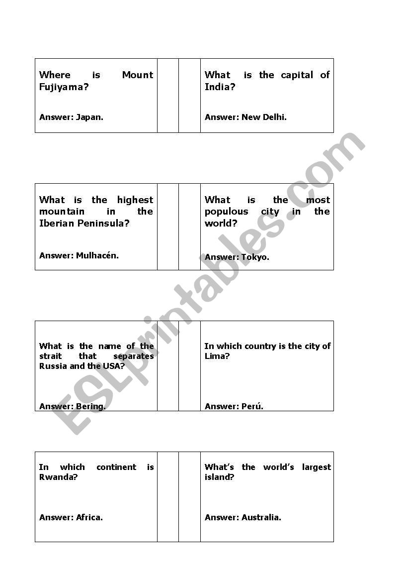 Geography Trivia Questions worksheet