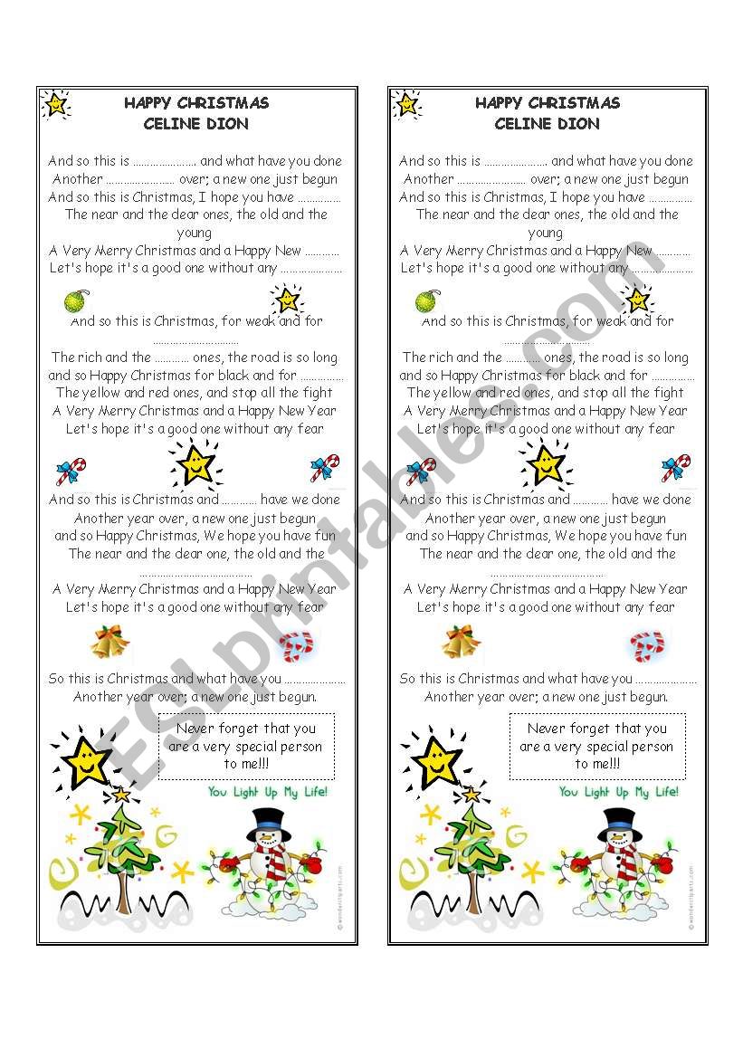 Happy Christmas The War Is Over By Celine Dion Esl Worksheet By Goodboyboy