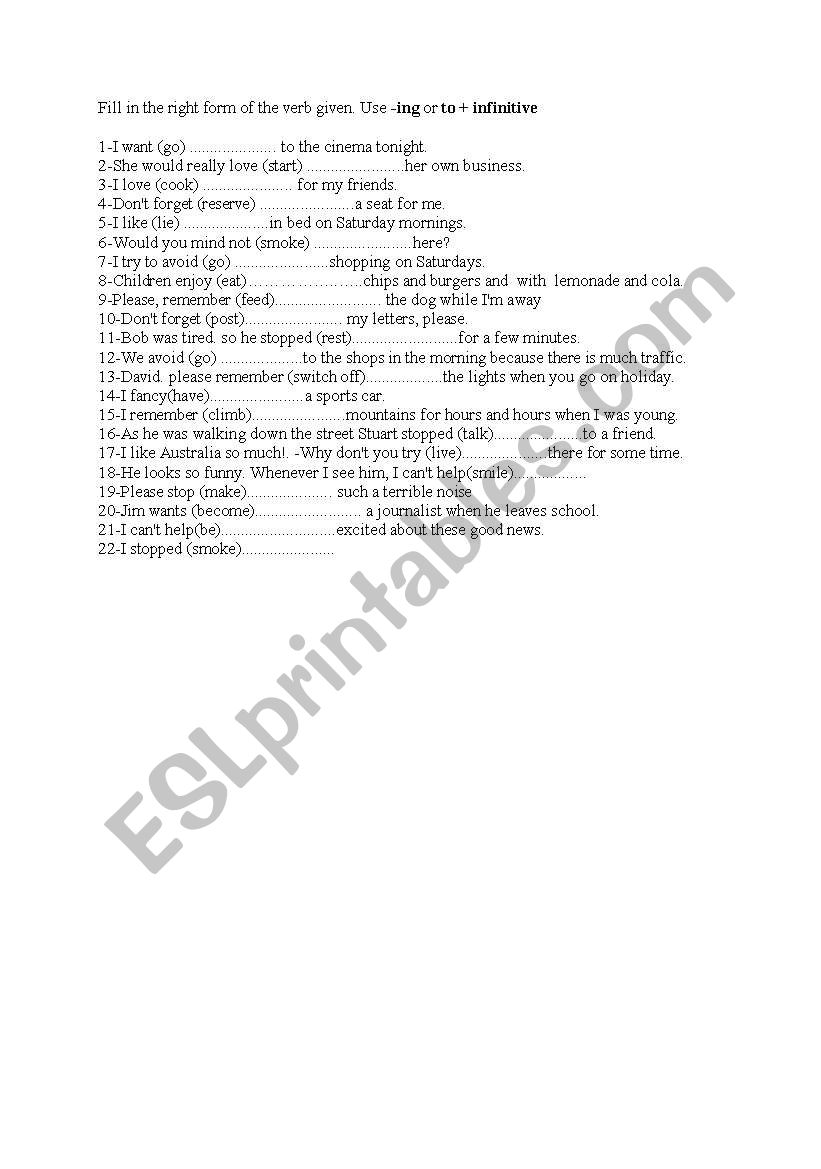 infinitive or  -ing worksheet