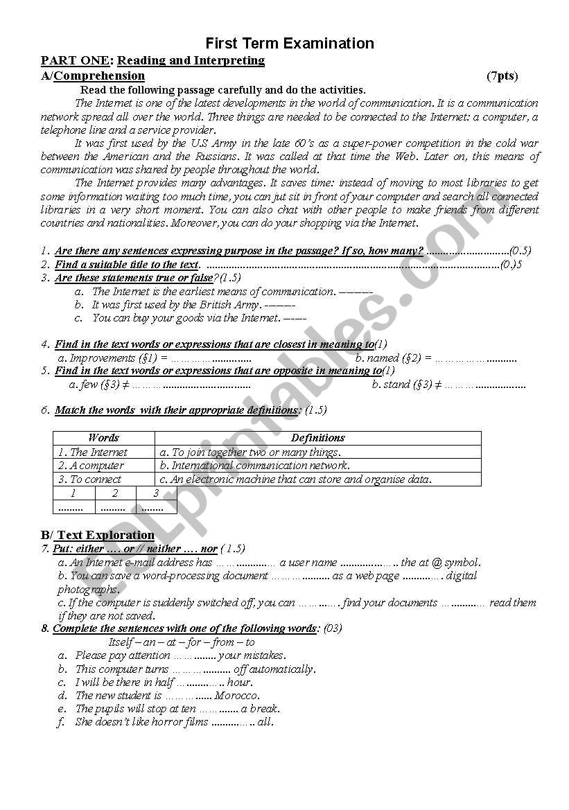 1st year exam worksheet