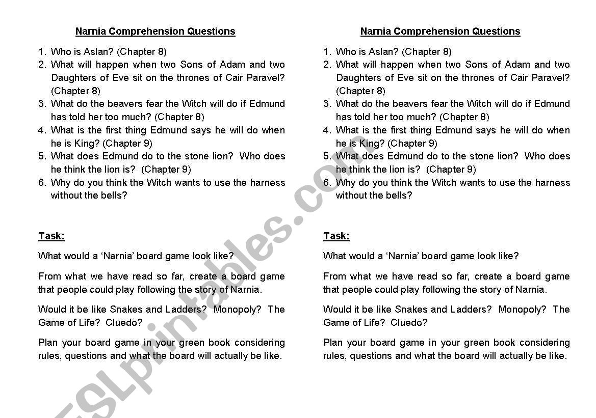 Narnia comprehension questions and Board Game task