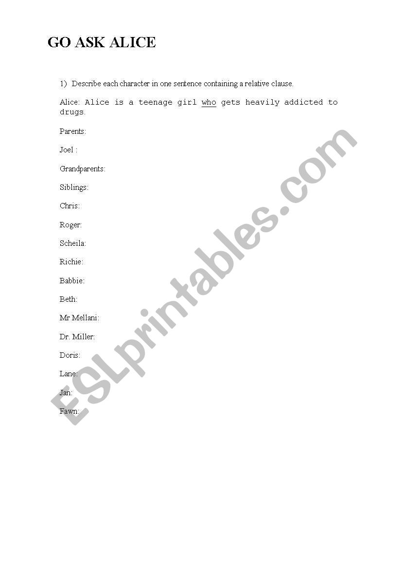 literature-go ask alice worksheet