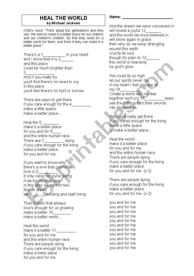 Heal the world worksheet