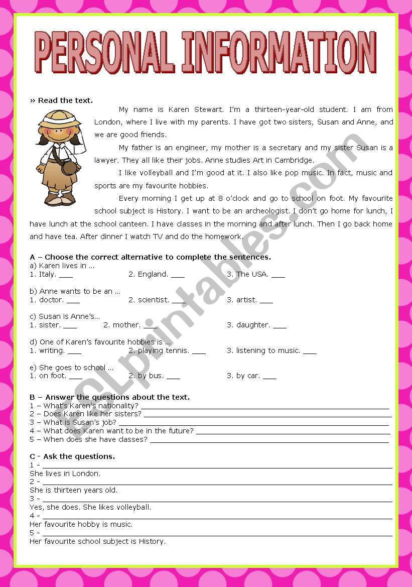 Personal Information worksheet