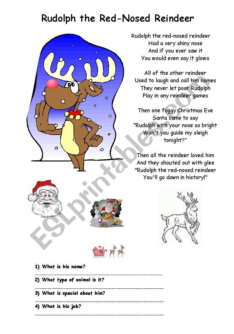 A Christmas song ´Rudolph the rednosed reindeer ESL worksheet by