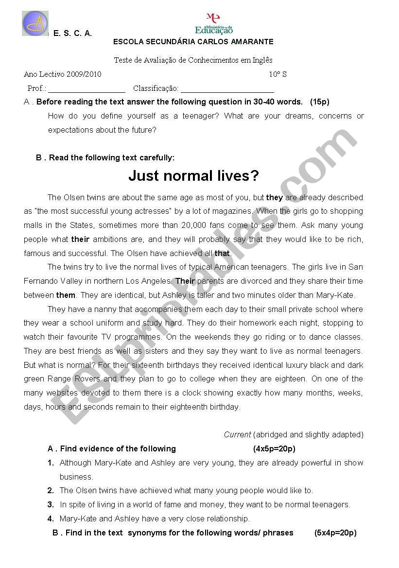 just normal lives? worksheet