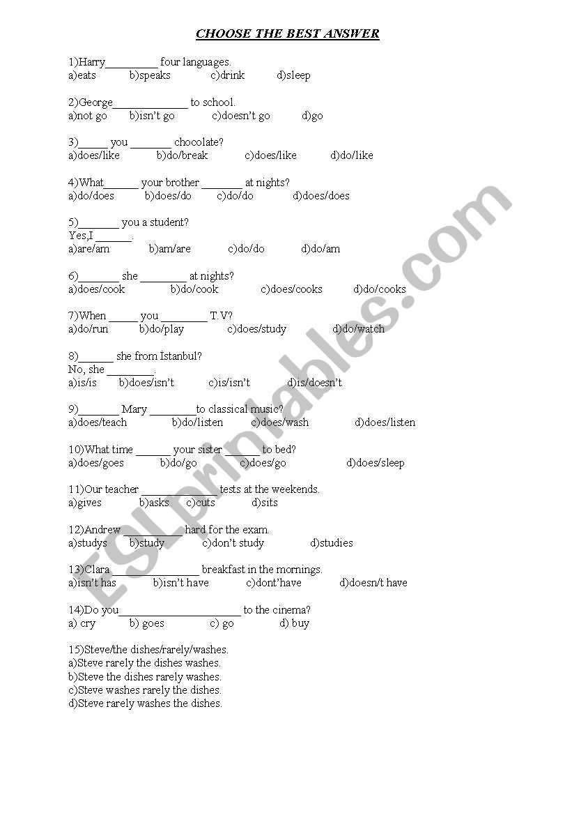 multiple choice grammar test(simple present)