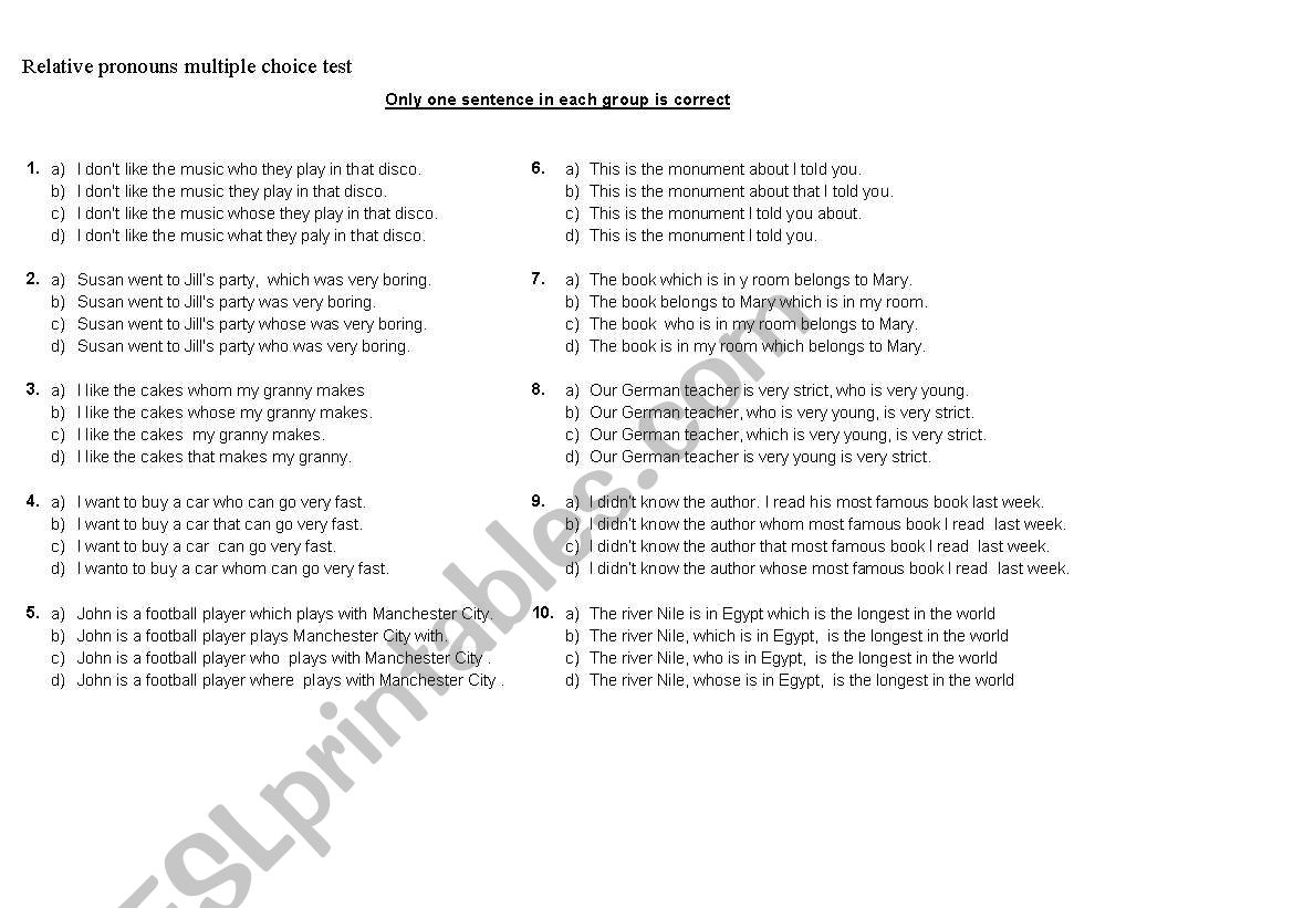 Relative pronouns multiple choice test
