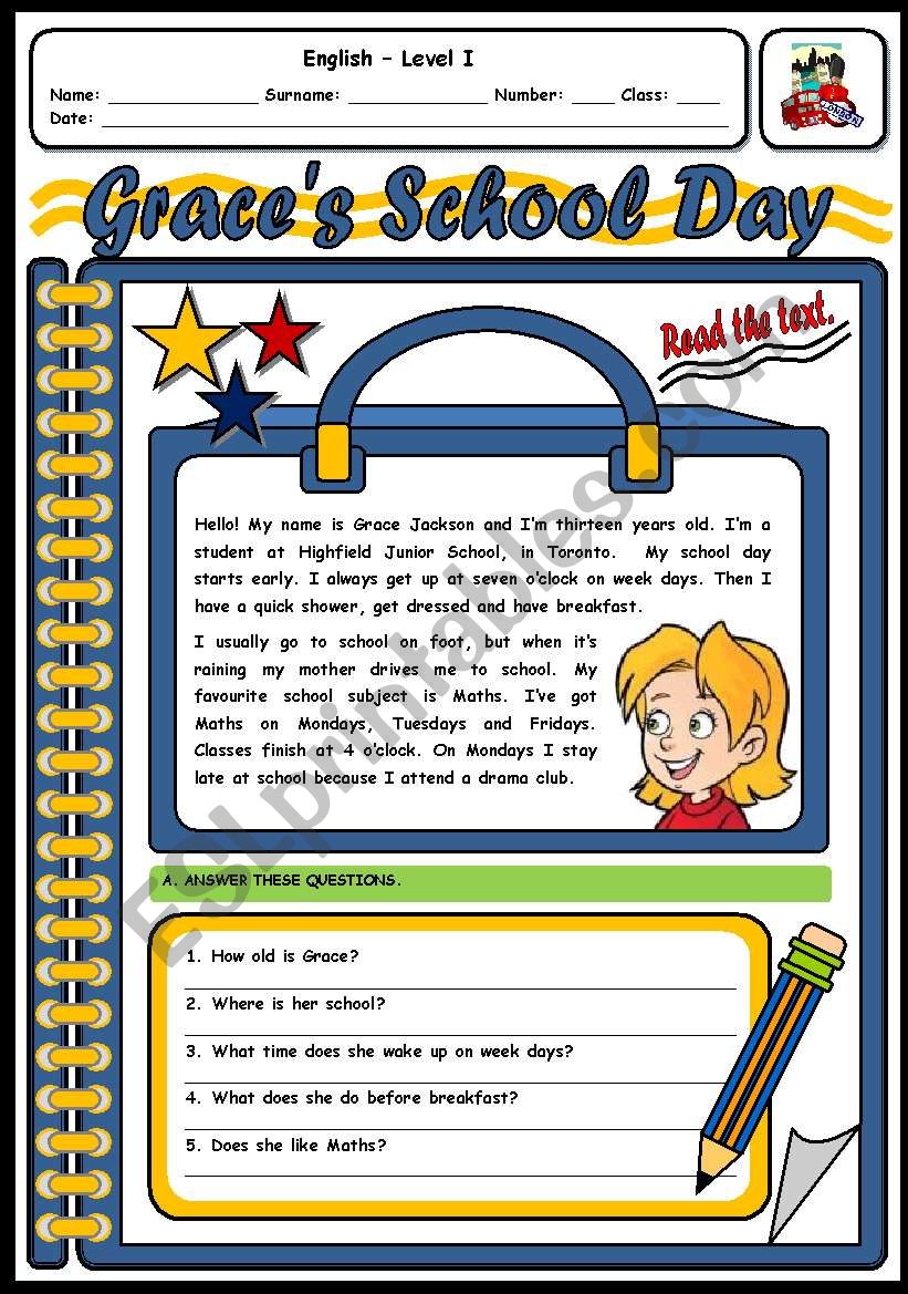 GRACEÂ´S SCHOOL DAY - 2 PAGES worksheet