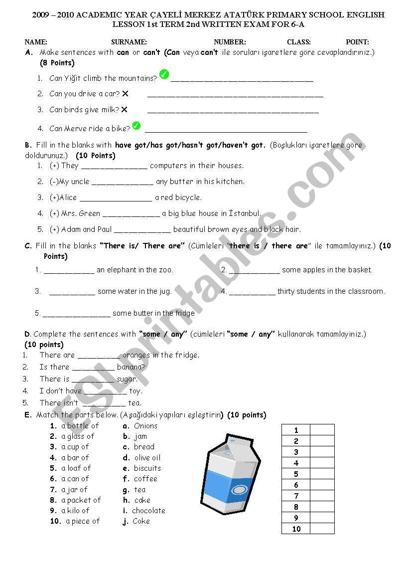2. exam paper for 6th. grades worksheet