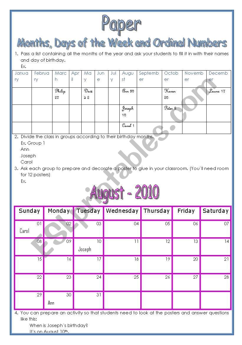 Paper idea- Months, Days of the Week and Ordinal Numbers