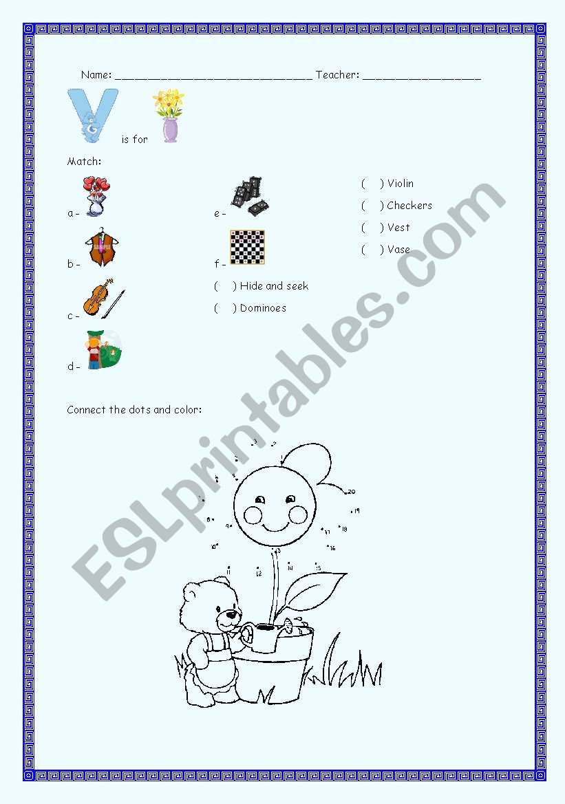 Letter V and Games worksheet