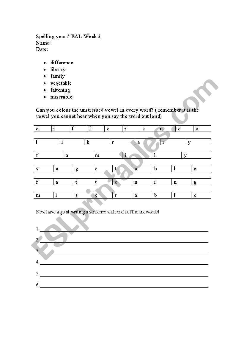 Spelling- Unstressed vowels worksheet