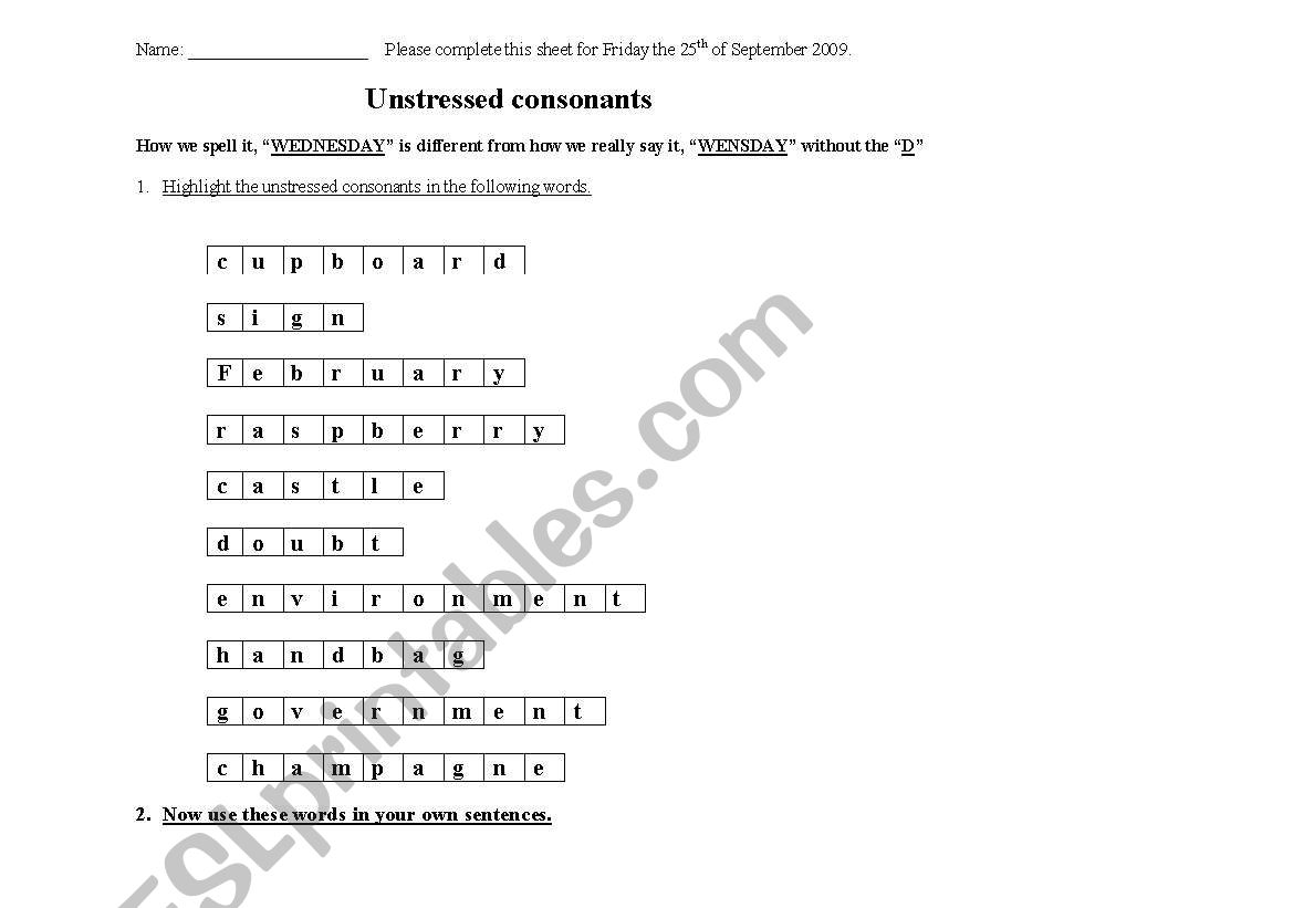 Unstressed consonants worksheet