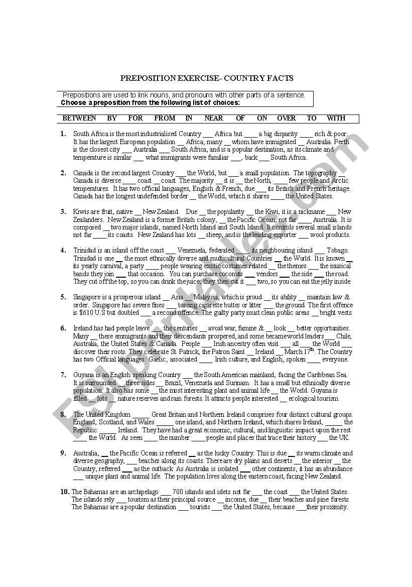 Prepositions- English speaking Countries (Exercise & Answer key)