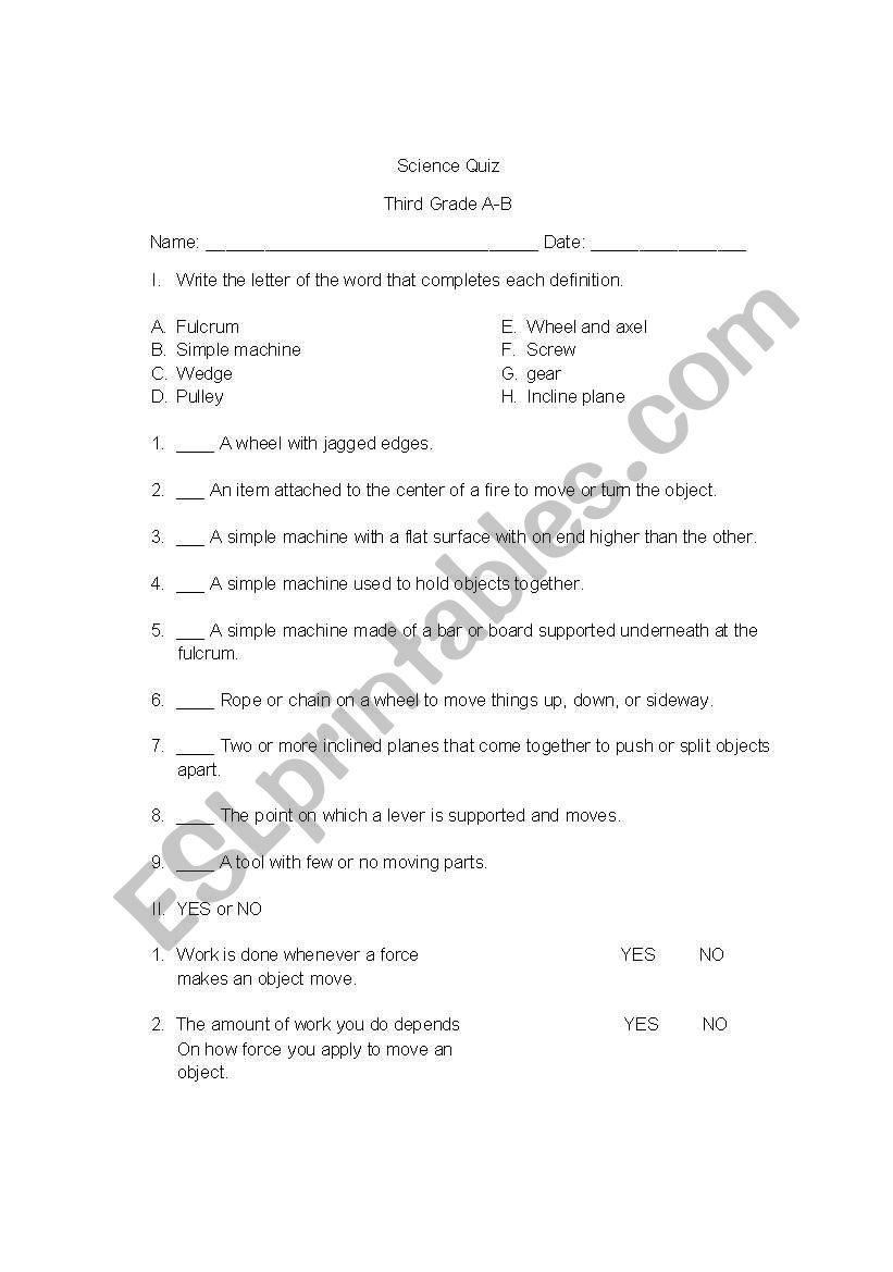 Simple Machines worksheet